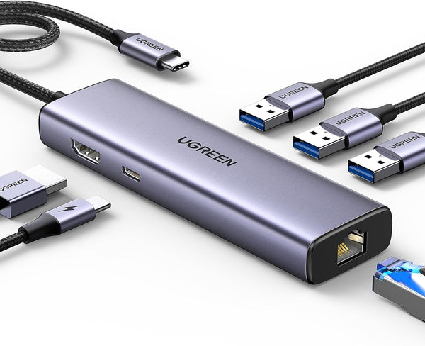 15598 / UGREEN USB-C إلى 3xUSB 3.0 A + HDMI 4K@30Hz + RJ45 Gigabit + PD محول متعدد الوظائف