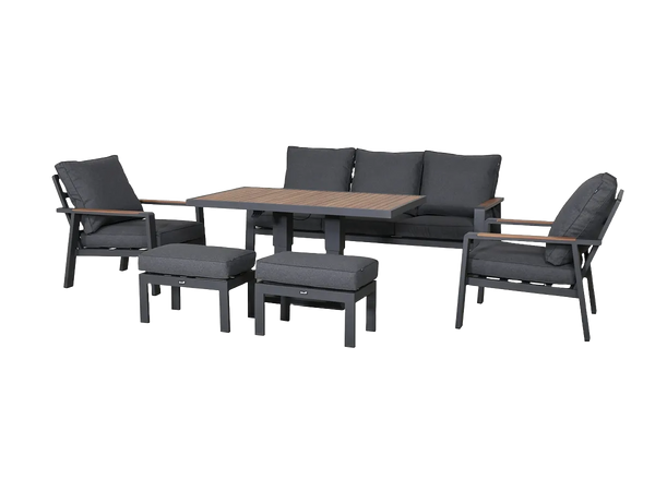 Sicily Outdoor Sofa Set with Rising Table & Footstools – Charcoal & White