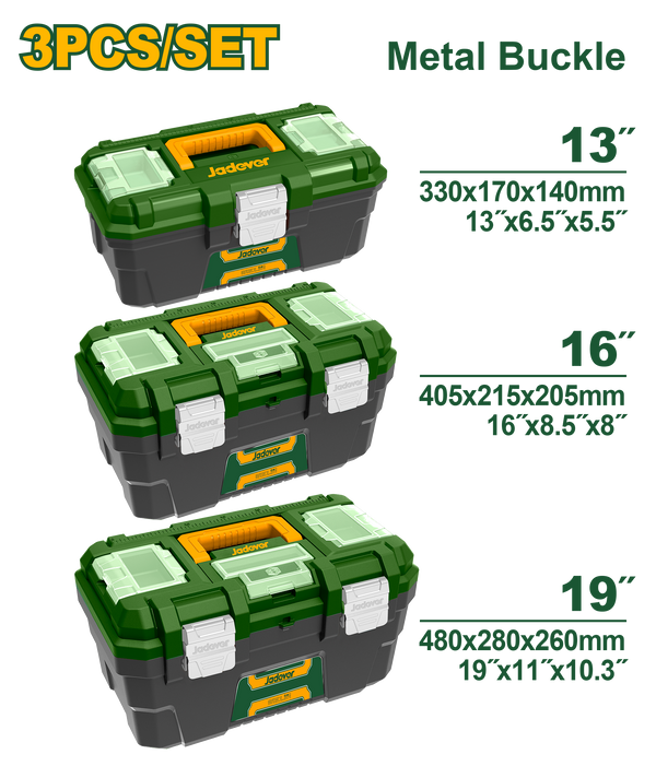 JADEVER 3PCs Plastic Tool Box Set – 13", 16", 19" with Tray & Metal Buckle (JDTB4103)