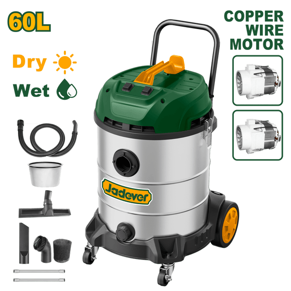 JADEVER Heavy-Duty 60L Wet & Dry Vacuum Cleaner – 2 x 1200W, Stainless Steel Tank (JDVR5A60)