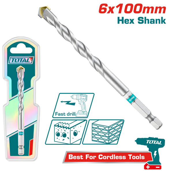 TOTAL Masonry Drill Bit – 6x100mm Hex Shank for Concrete, Brick & Block (TAC280610)