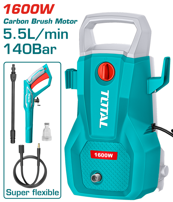 TOTAL High Pressure Washer 1600W – 140Bar, Auto Stop, with Spray Gun & Hose (TGT11336)