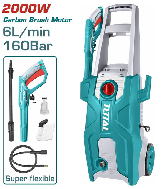 TOTAL High Pressure Washer 2000W – 160Bar, Auto Stop, with Spray Gun, Hose & Soap Bottle (TGT11376)
