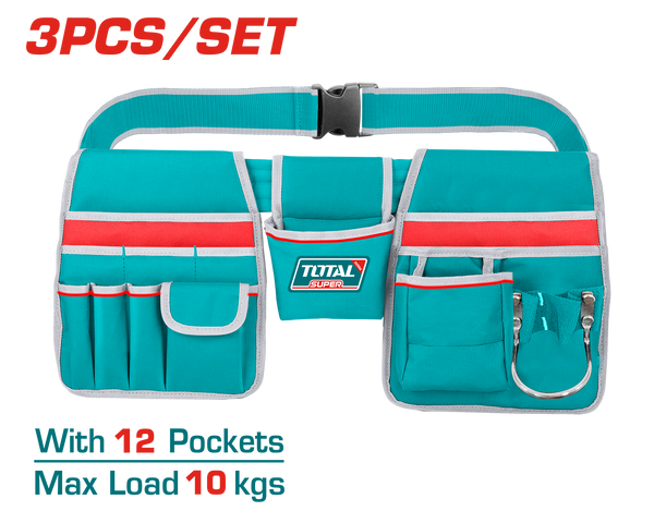 TOTAL Tool Bag Set with Adjustable Belt – 12 Pockets, Hammer Holder, 1680D Polyester (THT16P20325)