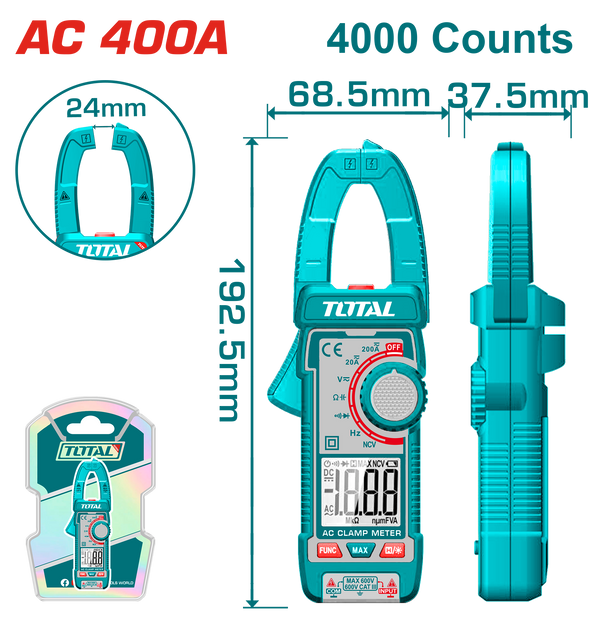 TOTAL Digital AC Clamp Meter 400A – TRMS 4000 Counts, NCV, Diode & Capacitance Test (TMT762001)